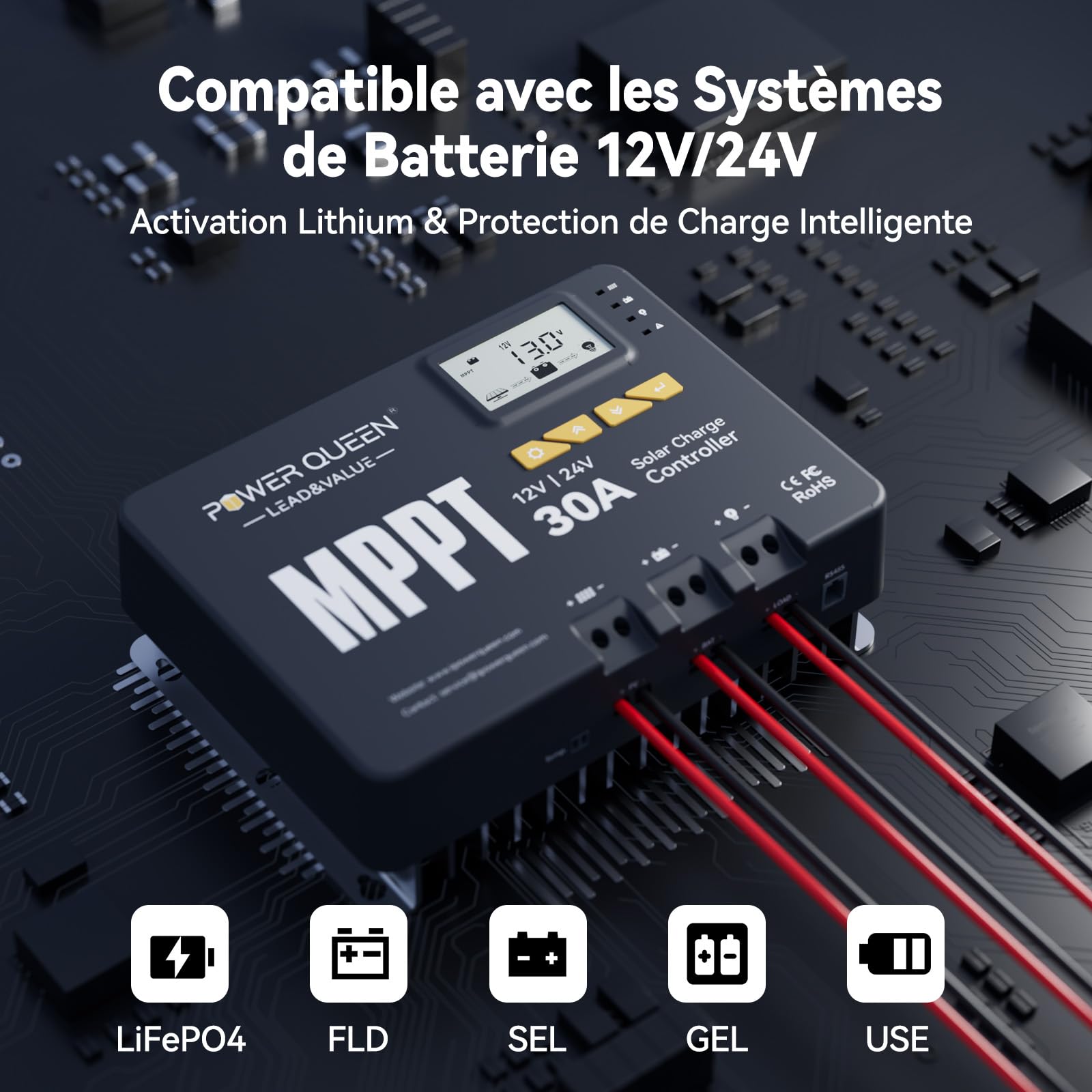Power Queen Régulateur de charge solaire MPPT 12/24 V 30 A 900 W max, module Bluetooth, écran LCD, standard pour batterie LiFePO4, compatible avec batteries de | Puissance d'Entrée Maximale 900W,Module Bluetooth Intégré,Écran LCD,pour batterie LiFePO4 et