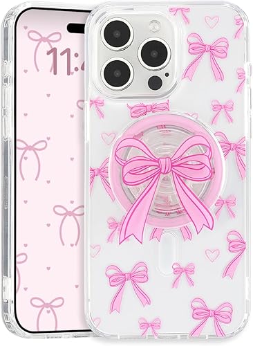 Funda magnética para iPhone 16e, funda magnética 3D rosa con lazo, bonito diseño estético de lazo transparente rosa, funda protectora transparente