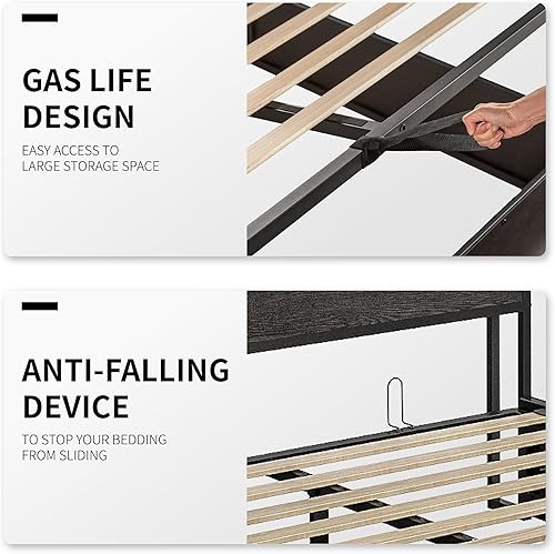 Miniatura 7 de Cama de almacenamiento elevable de tamaño matrimonial, marco de cama de plataforma de madera con cabecera de almacenamiento y estación de carga, no