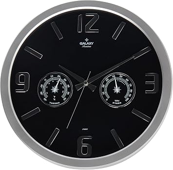 GALAXY 705-BK Home and Office Wall Clock with Embossed Numbers with Thermometer and Baramotre Feature, 38cm