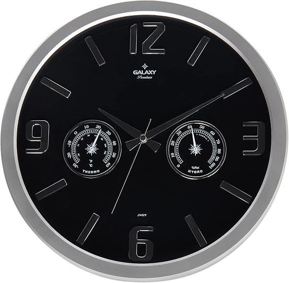 GALAXY 705-BK Home and Office Wall Clock with Embossed Numbers with Thermometer and Baramotre Feature, 38cm