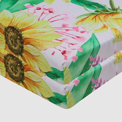 Miniatura 6 de Juego de ropa de cama de cuna floral de 3 piezas para niñas, juego de ropa de cama de cuna con girasol y elefante, 1 edredón y 2 sábanas