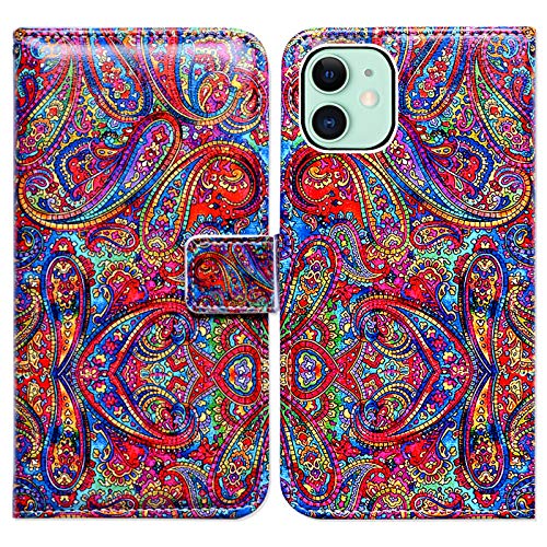 Bcov iPhone 12 Mini Case, Bright Paisley Pattern Leather Flip Phone Case Wallet Cover with Card Slot Holder Kickstand for iPhone 12 Mini