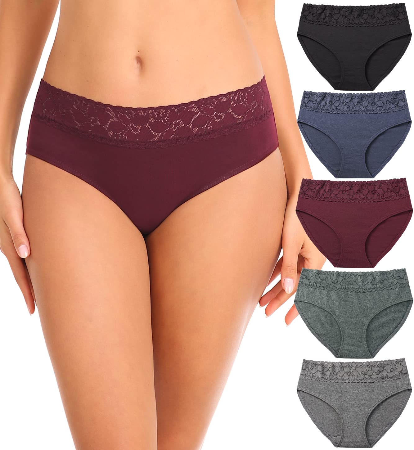 RHYFF Womens Underwear Cotton Lace Panties Soft Bikini Panty Comfortable Hipster Stretch Full Ladies Briefs 5 Pack S-XL