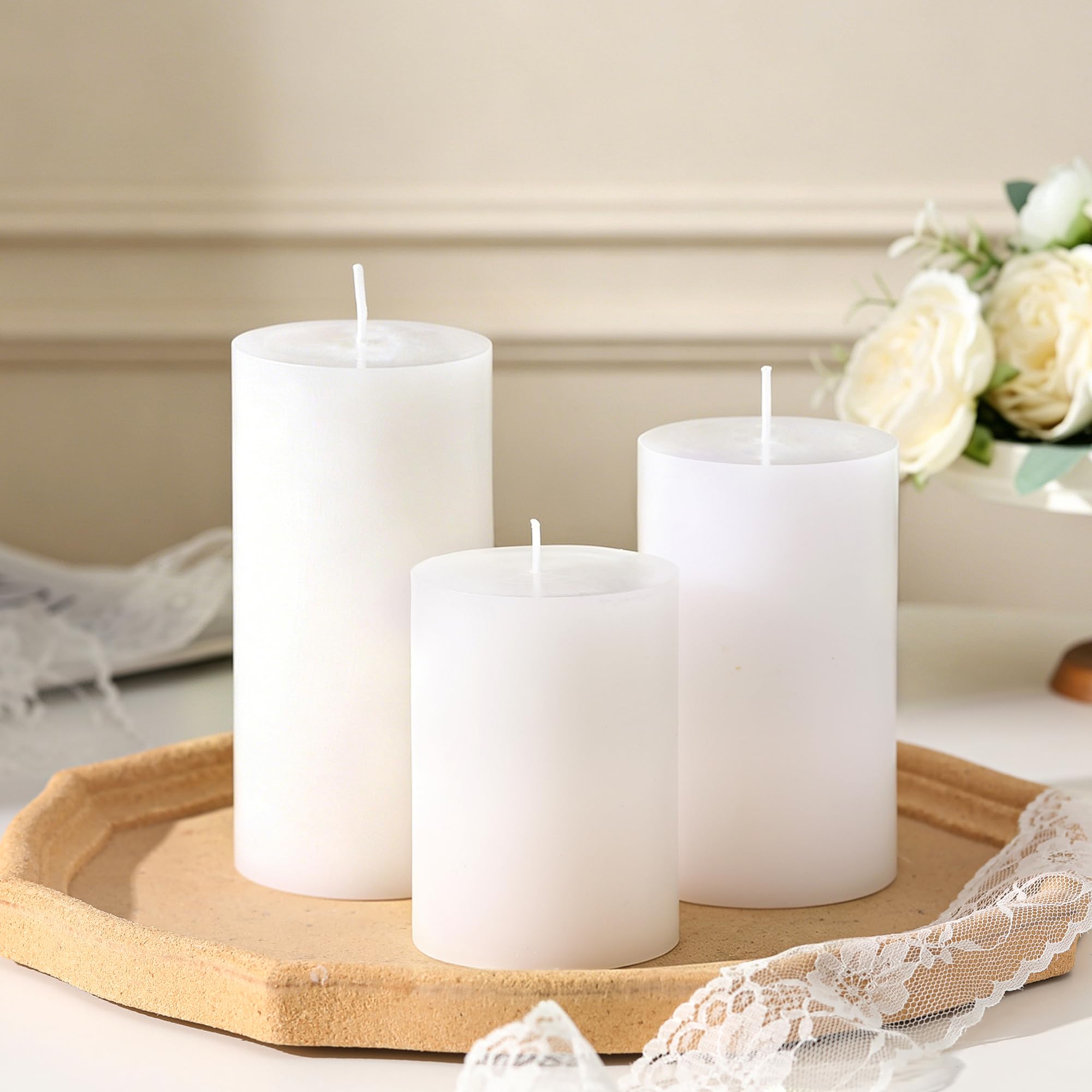 Pillar Candles Set of 3 - Hand-Poured Unscented Pillar Candle, Smokeless Decorative Candle for Home Decor Wedding, Candle Gifts for Women, Natural Plant Wax, Different Sizes, White (4", 5", 6")