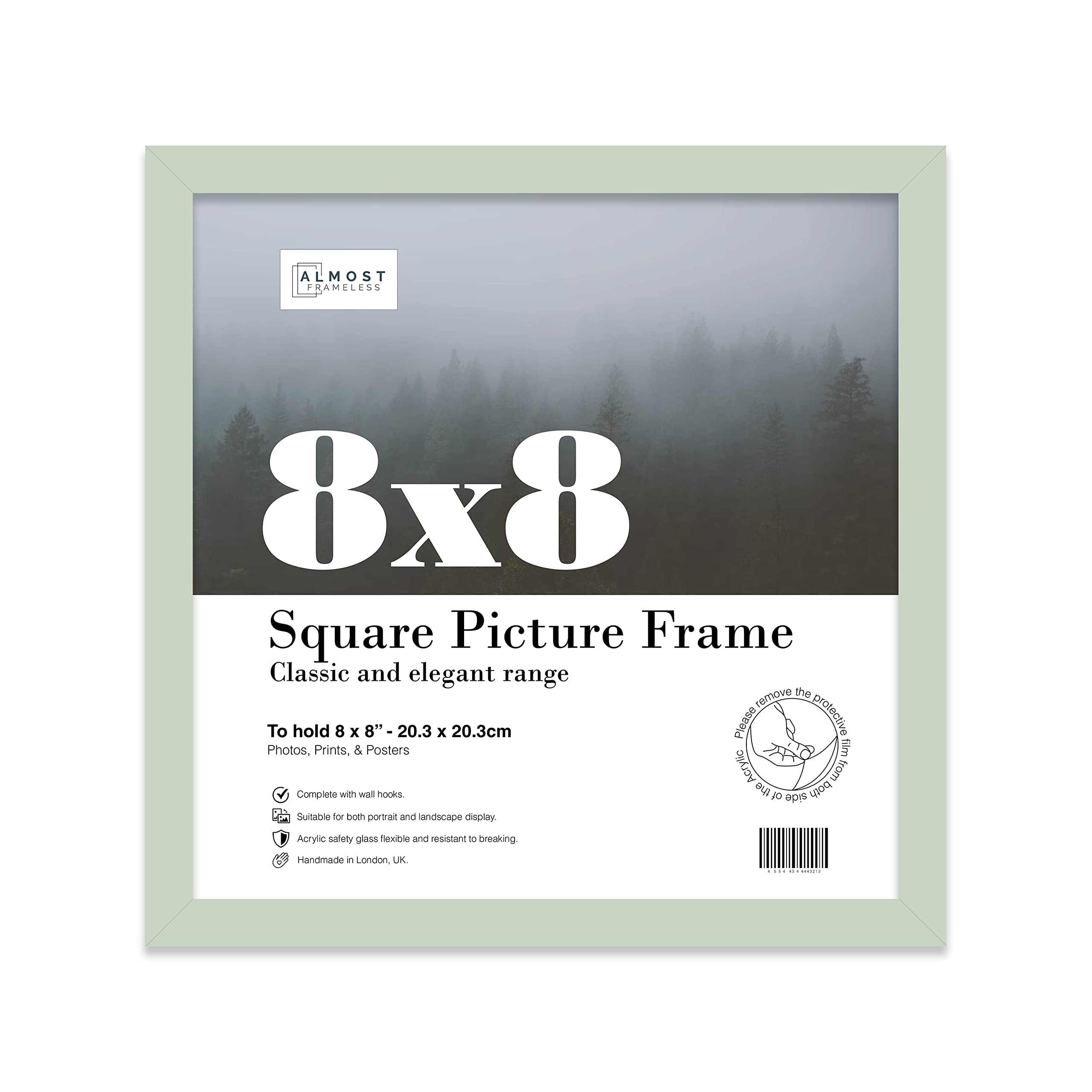Almost Frameless 8x8 Mint Green Picture Frame 8"x8" (20.3x20.3cm) Poster, Photo, Artwork, or Print. Thin Edge Slim Frame Portrait and Landscape Display with Wall Hooks