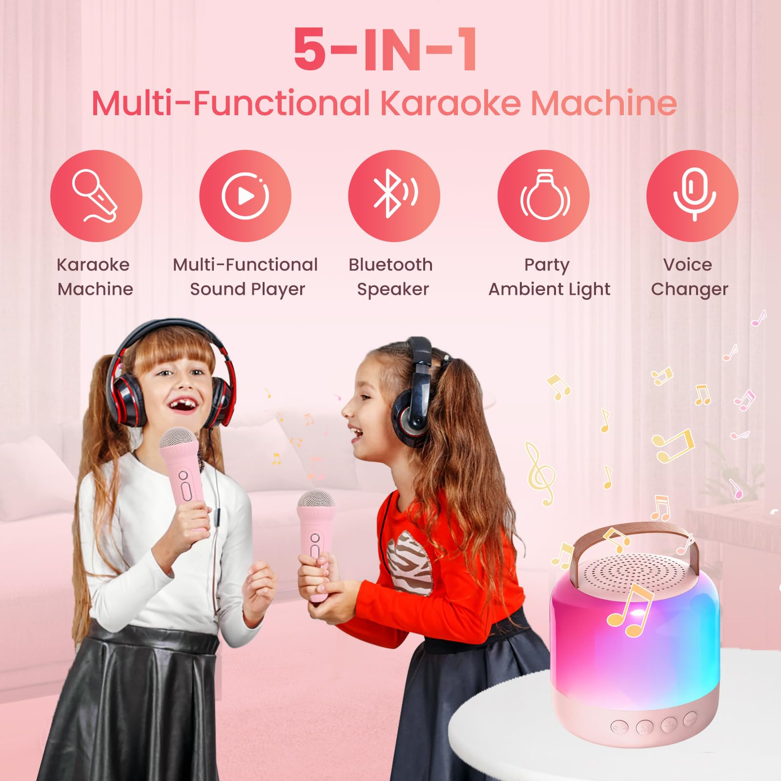 AIUNAOM Macchina per Karaoke con 2 Microfoni Senza Fili per Bambini, Cassa Bluetooth Portatile con LED ed Effetti Sonori - Regalo di Natale Ideale per Ragazze 3-12 Anni