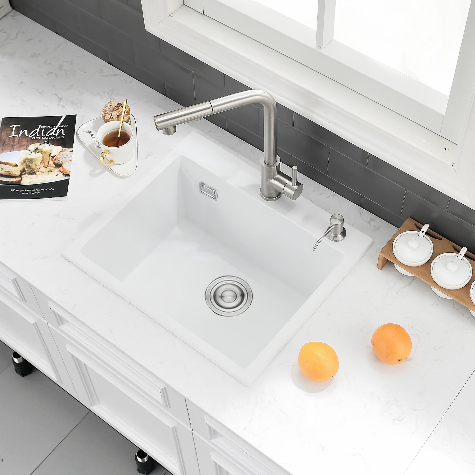 Lavello da Cucina Bianco 55 x 45cm, Lavello Cucina 1 vasca in Granito, Bokaiya Bianco Lavandino, lavandino da Esterno con Set di Drenaggio e 2 Fori di Preforato, Installazione a Sopratop o Filotop