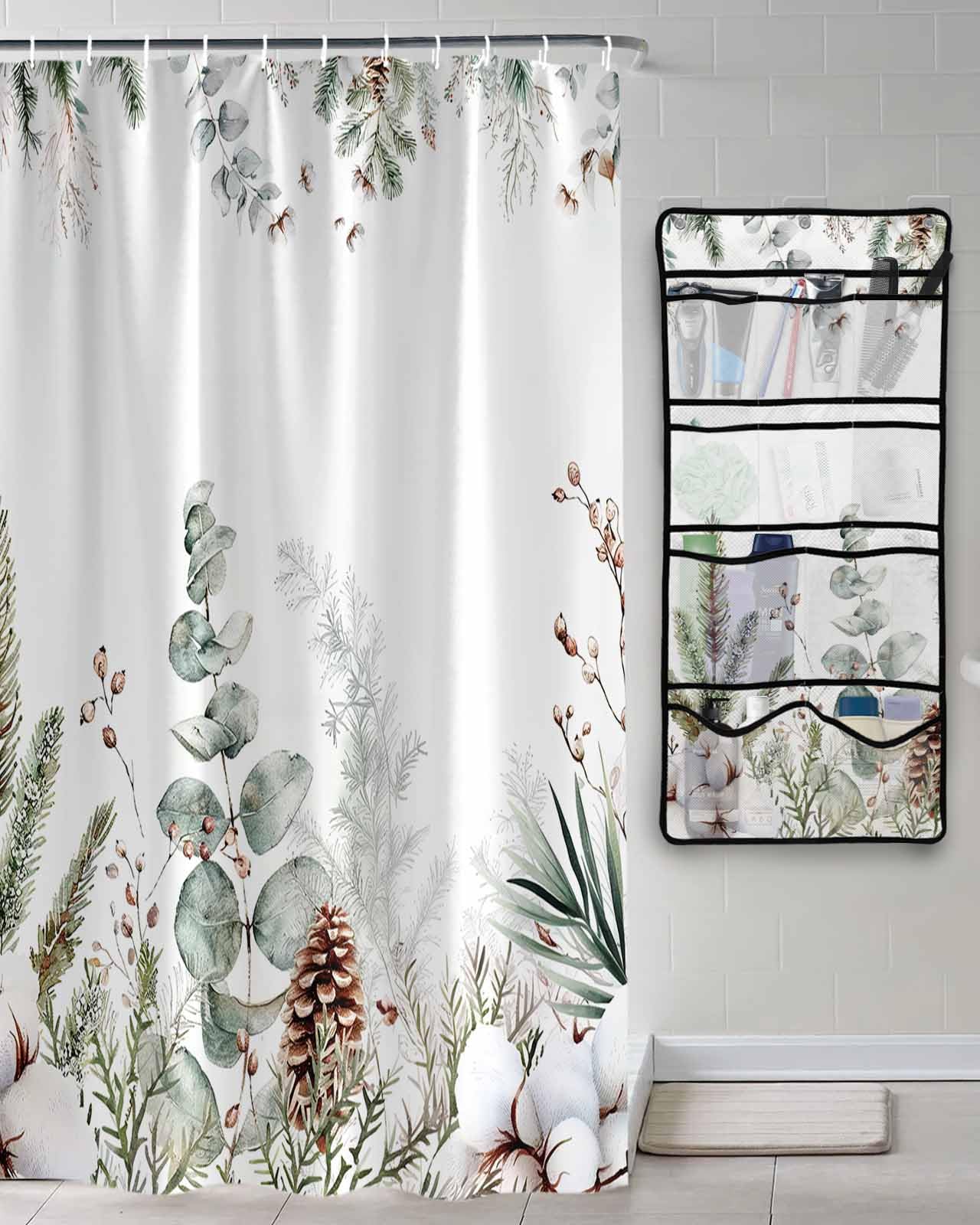 Decorative Shower Curtain Sets Christmas Berry Polyester Fabric Waterproof Shower Curtains Winter Xmas Eucalyptus Leaves Texture Mesh Shower