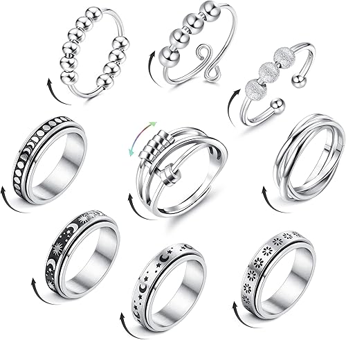 Jstyle Anillos para ansiedad para ansiedad, 9 piezas, acero inoxidable, antiansiedad, anillo giratorio con cuentas, luna y estrella, triple