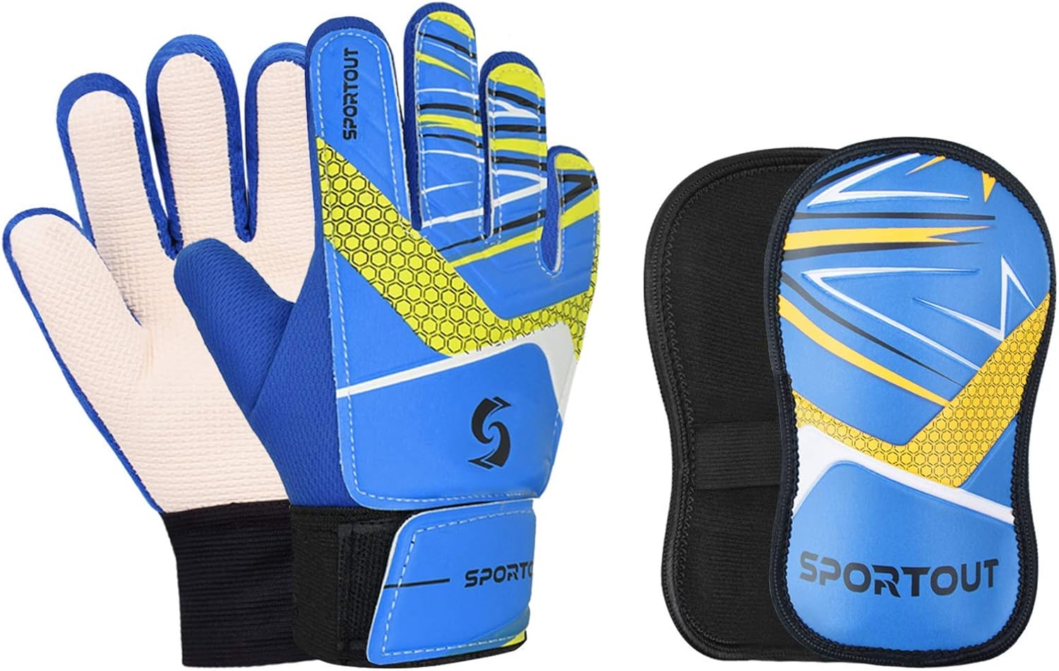 SPORTOUT Kids Junior Goalkeeper Gloves Football Shin Pads Set, Boys and