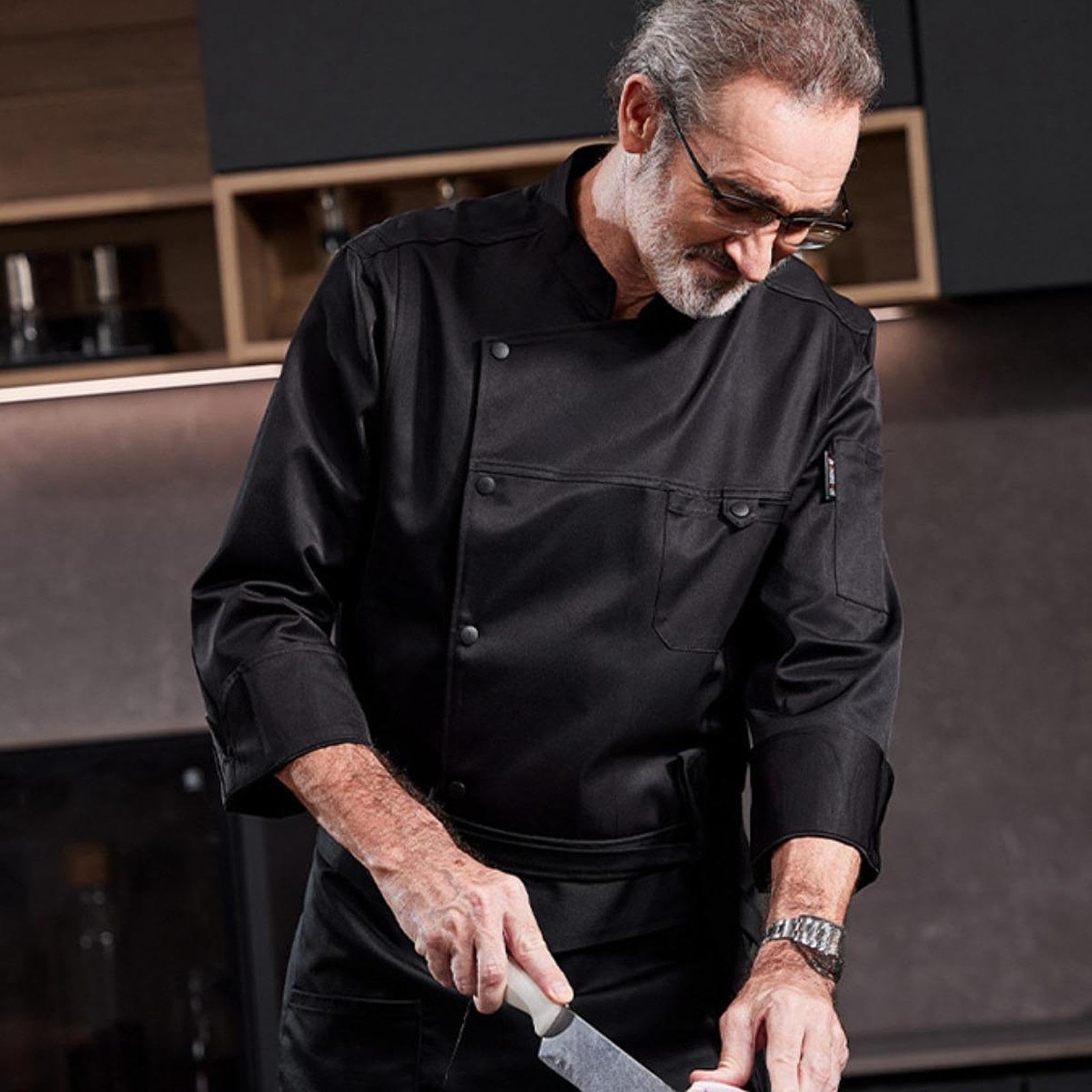 Milageto Chaqueta de Chef para Hombre, Manga Larga, para Trabajo de Cocina, Uniforme, Cafetería, Hotel, Cocina Y Repostería