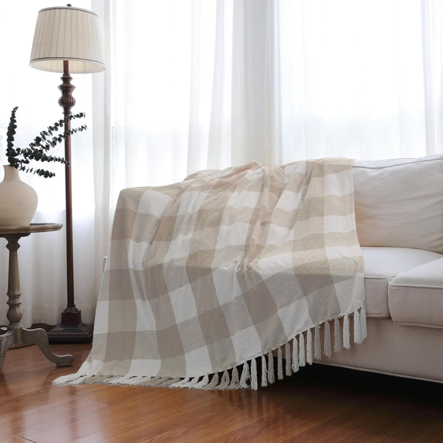 Beige White Buffalo Plaid Decor Blanket, Lightweight Soft Chenille Check Knitted Rustic Farmhouse Throw with Tassels for Couch Sofa Chair Bed Office Home, Tan and Ivory, Queen Size