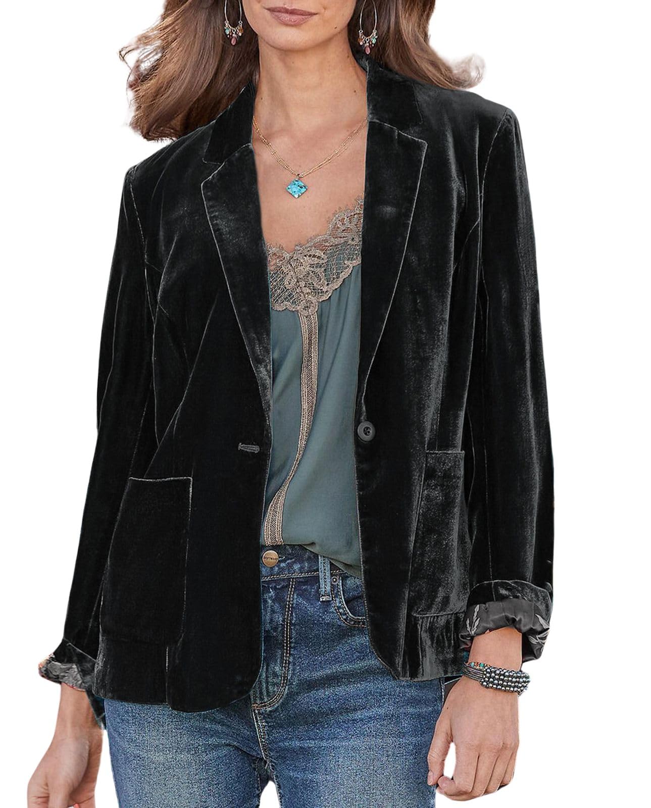 CHARTOU Casual 1 Button Velvet Jacket Women Velvet Cardigan Blazer Office Work Short Coat Suit Jacket with Pocket