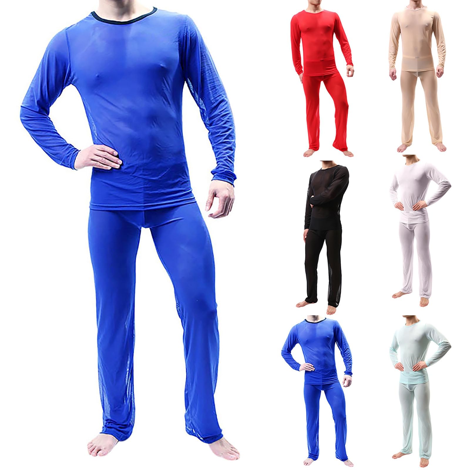 Ensemble pyjama en maille transparente pour homme - Chemise de nuit en maille - Patchwork - Deux pièces - Transparent - Chemise de nuit sexy