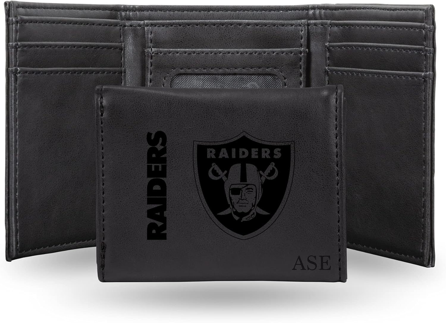 Rico Industries NFL Football Las Vegas Raiders Black Personalized-Custom Laser Engraved Faux Leather Tri-fold Wallet - Slim Wallet