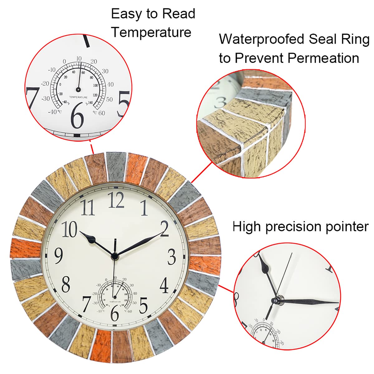 UMEXUS Indoor Outdoor Clock and Thermometer, 13 Inch Large Waterproof Wall Clocks, Retro Silent Non-Ticking Battery Operated Weatherproof Clock for Patio, Pool, Lanai, Fence, Porch, Garden (Yellow)