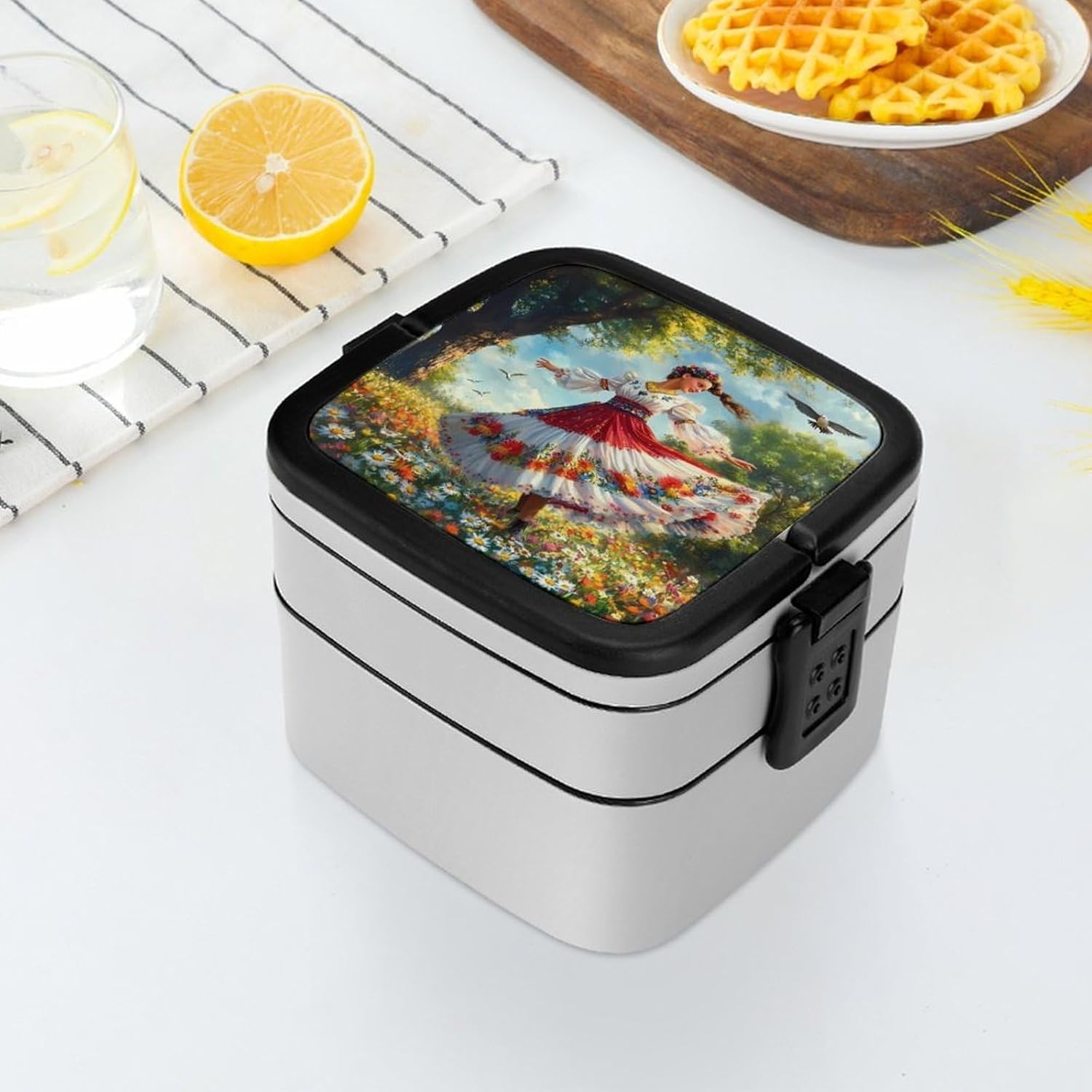Ukrainian Woman Flower Field Bento Box with Spoon 2 Layer Food Container Cute Lunch Box for Travel Dining Work