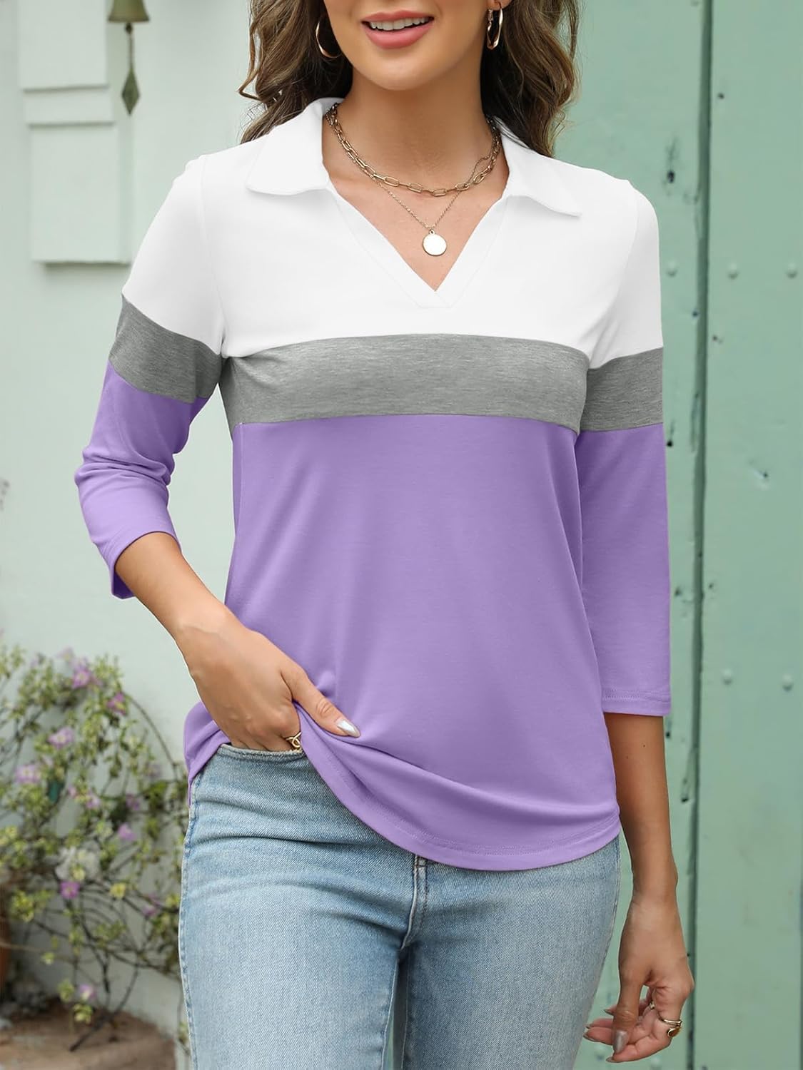 Womens V Neck Polo Shirts 3/4 Sleeve Collared Tops Business Casual Summer Tops Trendy Loose - Image 4