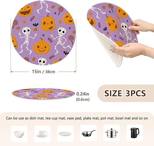 Miniatura 2 de 3 Pcs Trivet Hot Pad for Hot Pots and Pans 15in Cotton Thread Weave Kitchen Hot Pads for Teapot Hot Water Pad Spooky Pumpkin Happy Halloween Skeleton