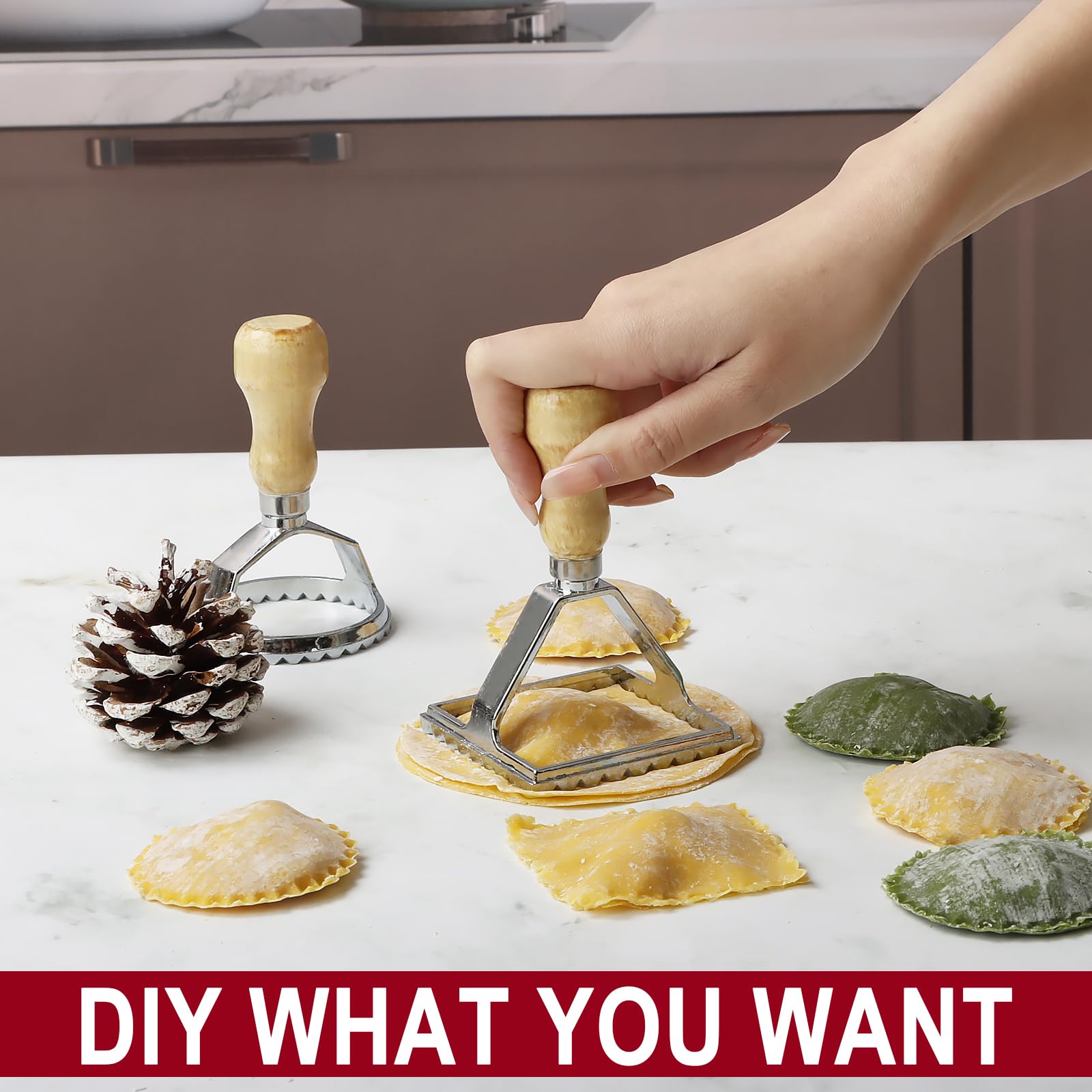 Ravioli - Cortador de sellos con juego de ruedas de rodillo, molde con mango de madera y borde estriado, accesorio de cocina para prensa de pasta, juego de 4