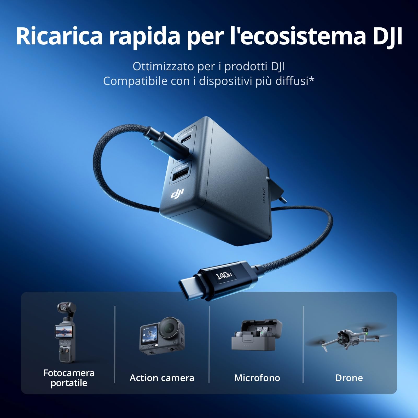 Combo di ricarica GaN da 140 W DJI Power con cavo da 7 A con display (1 m) | Uscita da 140 W, 3 porte, controllo della temperatura, ricarica rapida, PD 3.1, caricabatterie per computer portatili