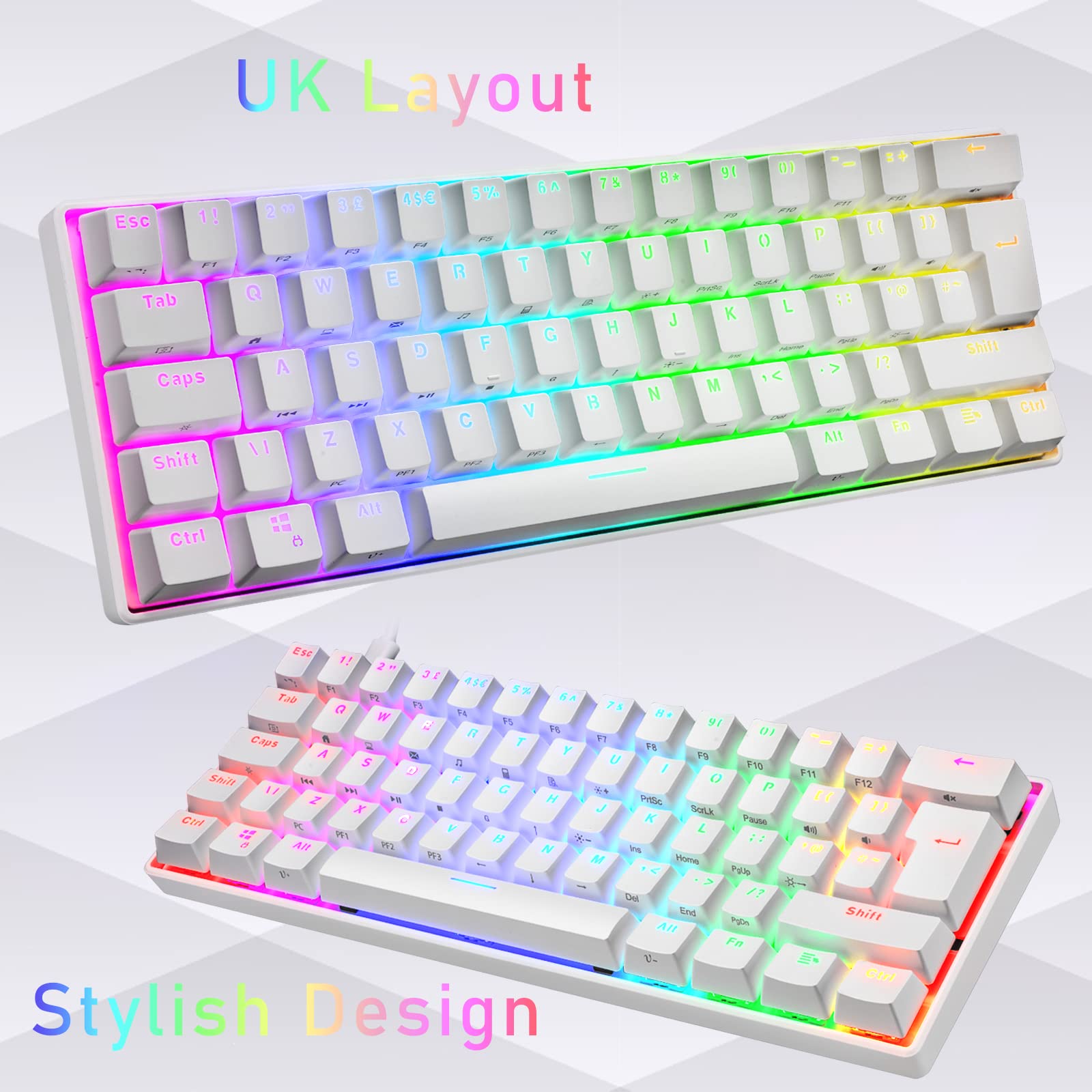 LexonElec MK21 Set Mouse con Tastiera Meccanica al 60% Wired, UK Layout 62 Tasti Tastiera da Gioco Backlit Chroma RGB + 6400DPI Mouse Ultraleggero + Mouse Pad Per PS4, Xbox, PC - Red Switch/Bianco