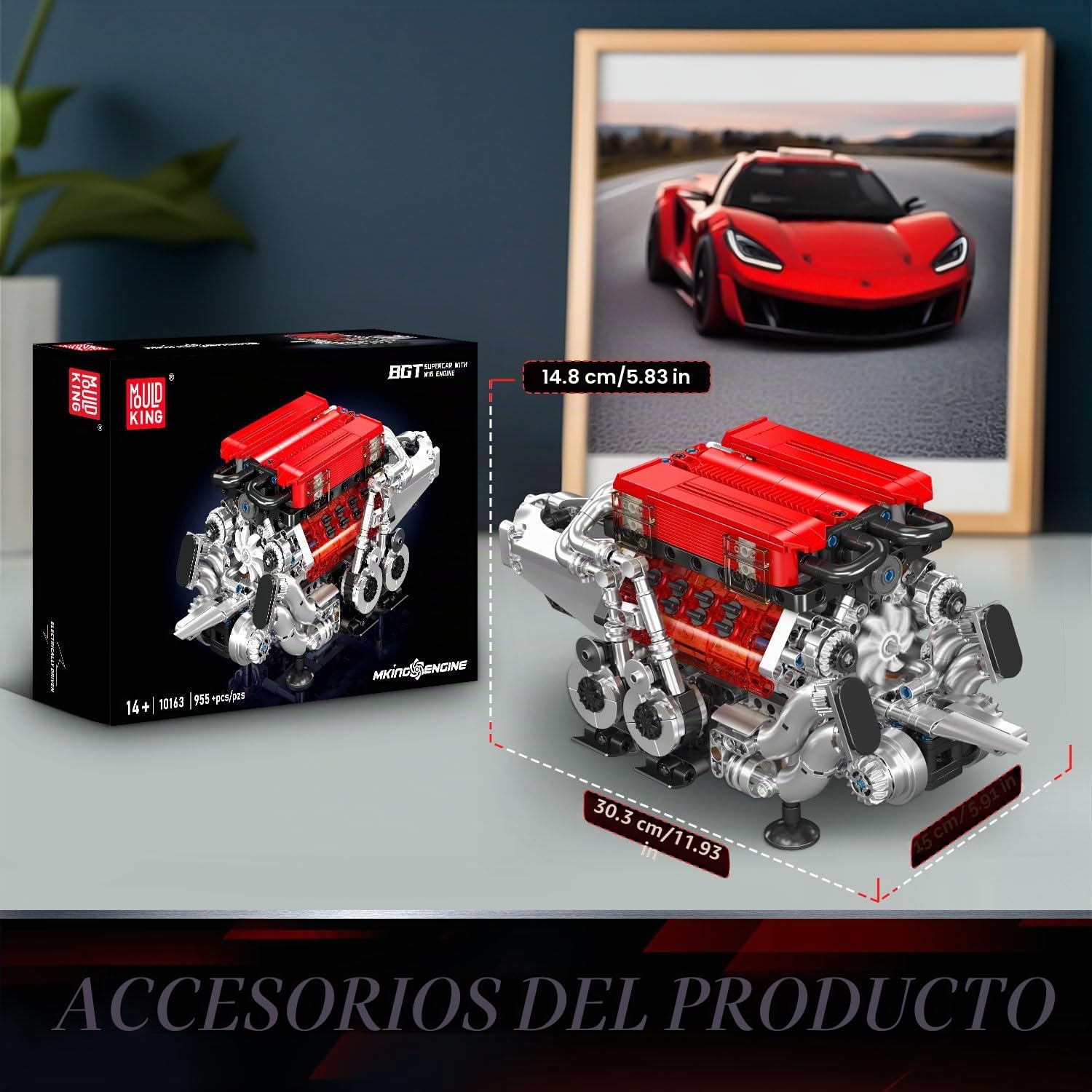 Mould King 10163 Technic W16 - Juego de 955 bloques de construcción con control por aplicación y motor modelo técnico con 16 cilindros y caja de pilas para adultos (rojo)