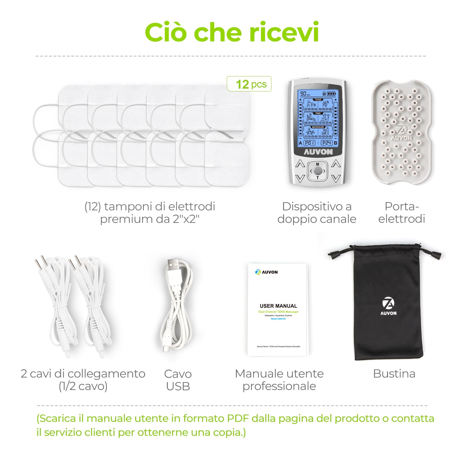 AUVON Elettrostimolatore muscolare professionale, 2 canali e 24 modalità TENS Elettrostimolatore 3 in 1 con 12 elettrodi TENS 2"x2" con design brevettato per alleviare il dolore e costruire muscoli