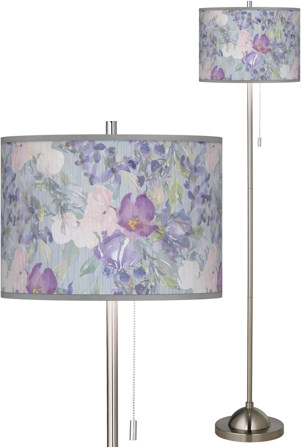 Giclee Glow Country Traditional Floral 62" Tall Standing Floor Lamp Skinny Pole Pull Chain Silver Metal Brushed Nickel Finish Living Room Bedroom House Reading Office Spring Flowers Drum Shade