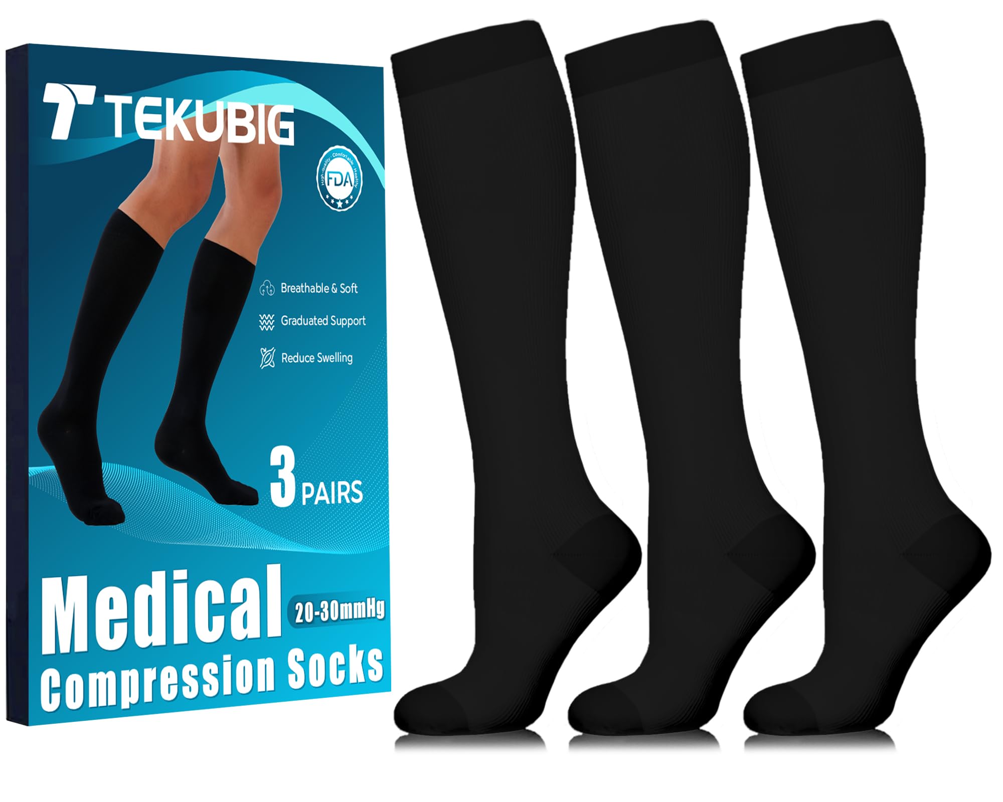 Photo 1 of 3 Pairs Medical Women Men Compression Socks Knee High 20-30 mmhg Graduated Big Tall Flying Nurse Pregnancy Maternity Circulation Pressure Leg Ted Support Hose Extra Calf Plus Size Wide Xl Large Leg
