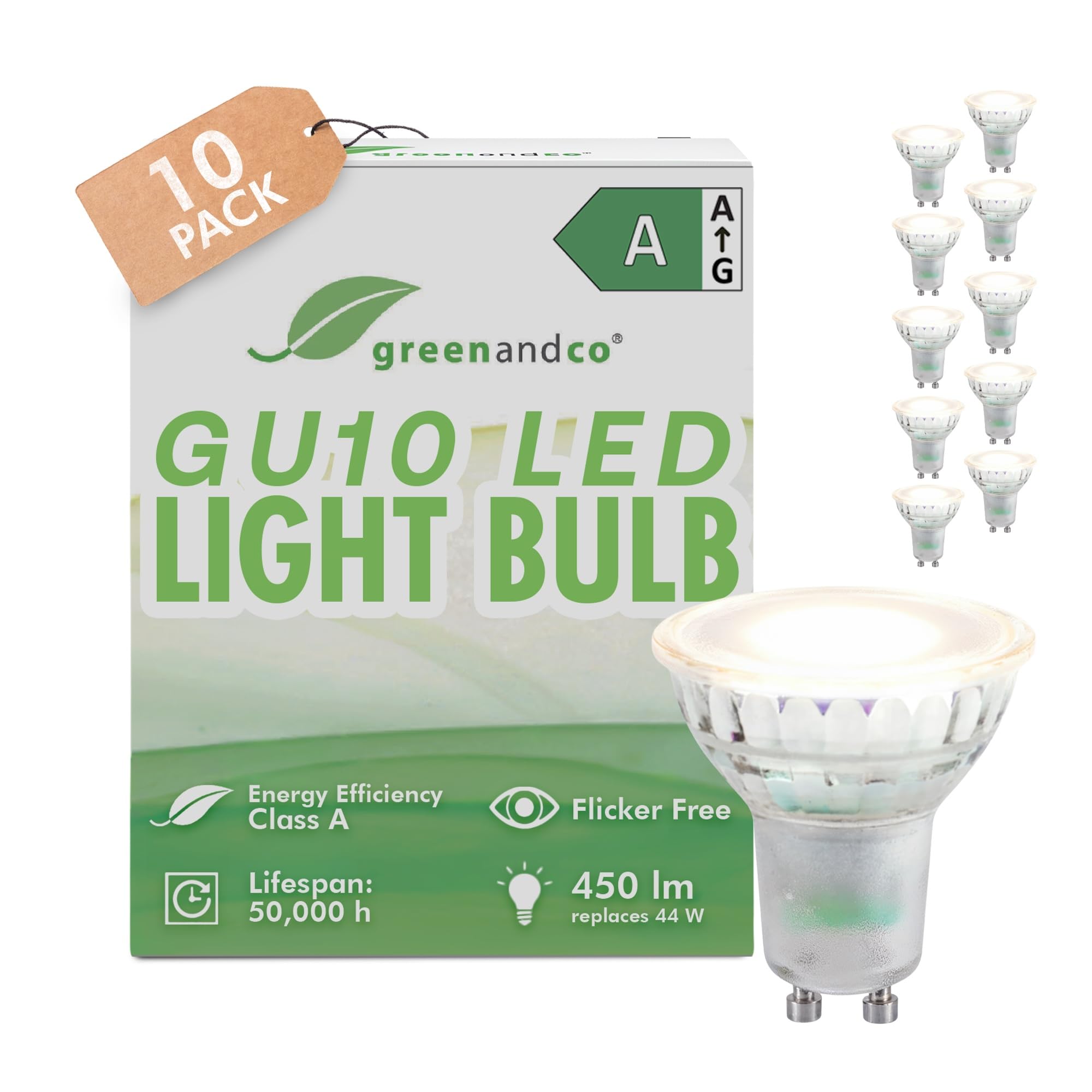 greenandco 10x GU10 | Replaces 44W | Warm White 3000K | 2.5W 450lm | 100° | Flicker-Free | Energy Efficiency Class A | 230V LED Spot | Not Dimmable