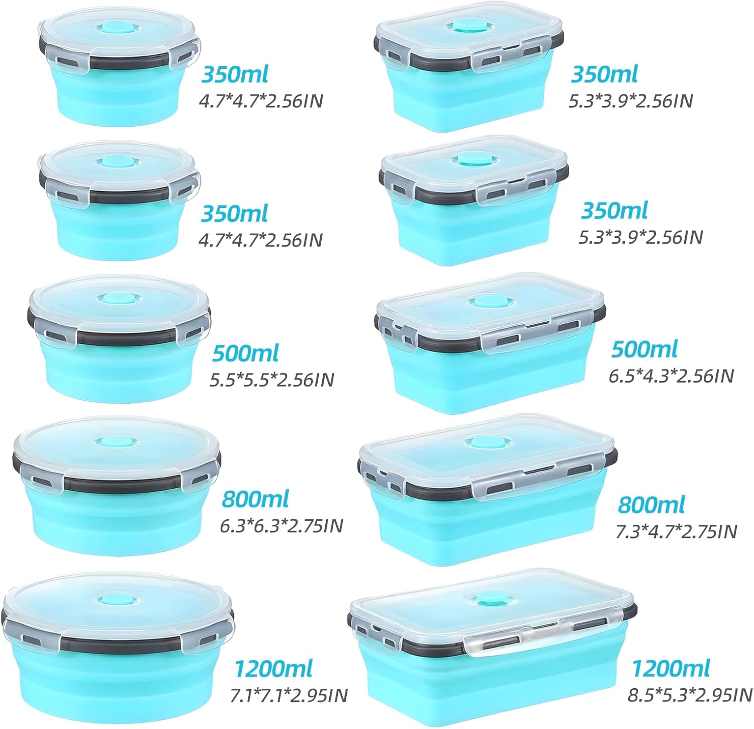 GEMLORD 10 Pieces Collapsible Food Storage Containers Foldable Silicone Lunch Containers with Airtight Lids, 5 Pcs Rectangle and 5 Pcs Round Food Bowls for Kitchen Microwave Freezer Dishwasher Safe
