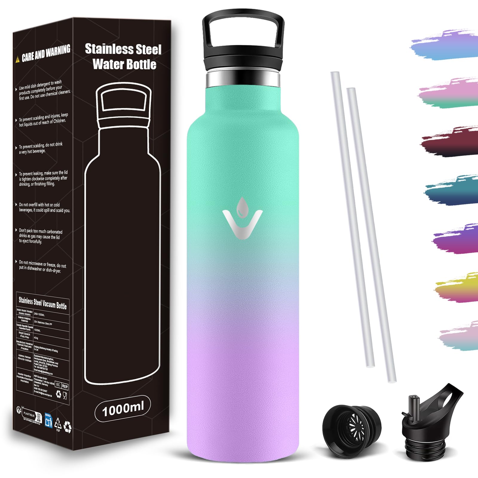 Mujigaga 1L Stainless Steel Sports Bottle, BPA Free, Double Insulated, Leak-Proof Insulated Bottle with Straw, Stainless Steel Water Bottle, for Gym, Sport, Camping, Travel