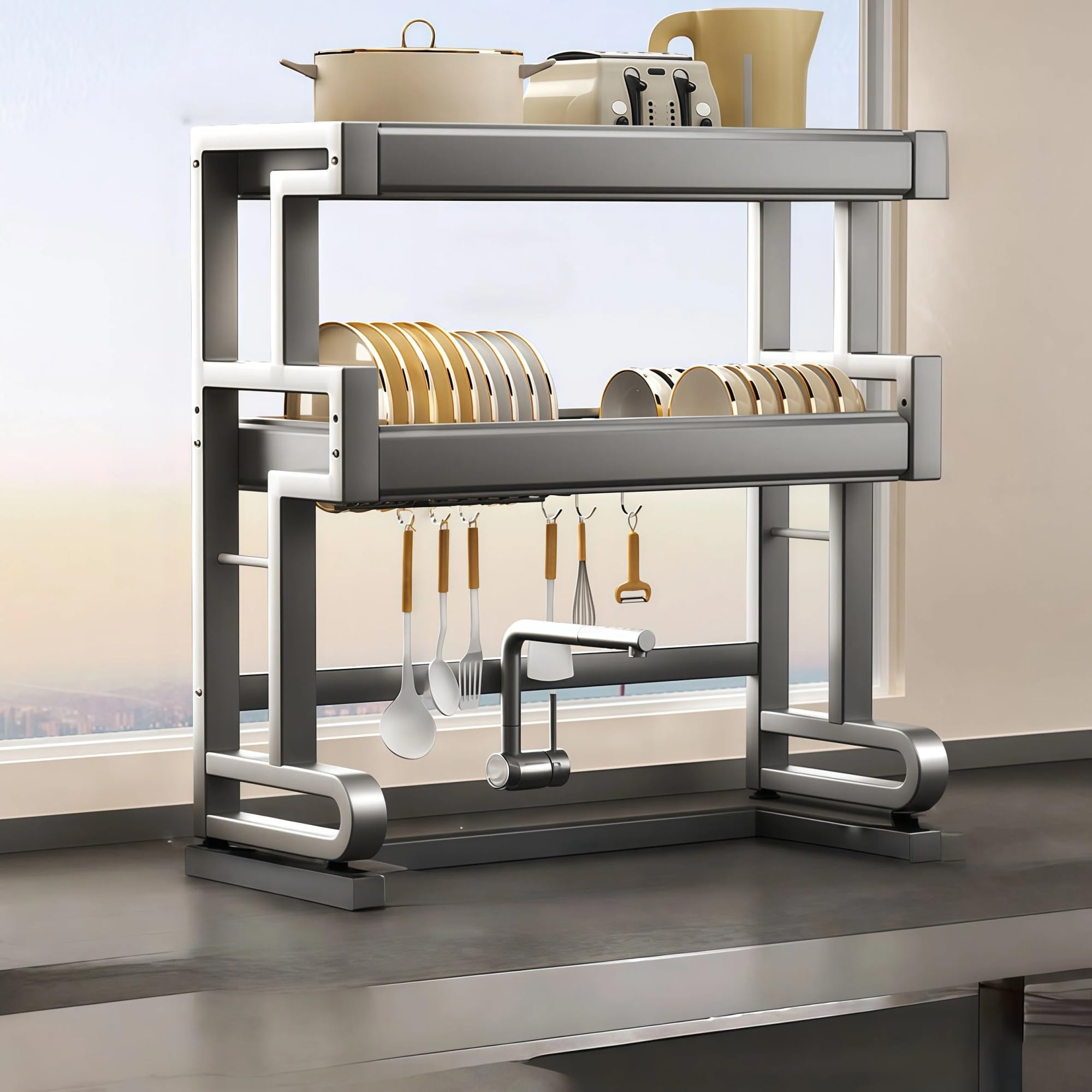 Scolapiatti da Cucina sopra Lavello | Struttura in Acciaio a 2 Ripiani e Organizzatore Salvaspazio per Stoviglie(Black,34"/86cm)