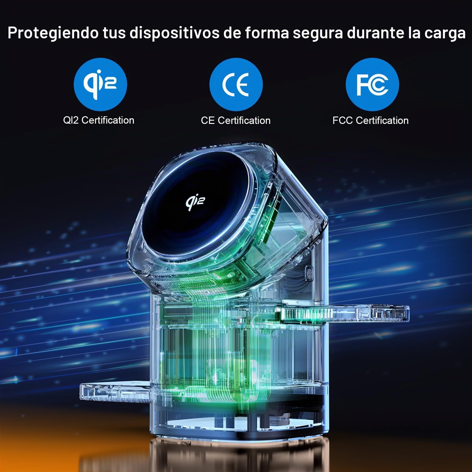 Estación de Carga inductiva 3 en 1 QI2, Soporte de Carga inalámbrica, Compatible con Carga rápida, para teléfono Compatible con iPhone, AirPods, iWatch, con Ventilador de refrigeración 33 W Plateado