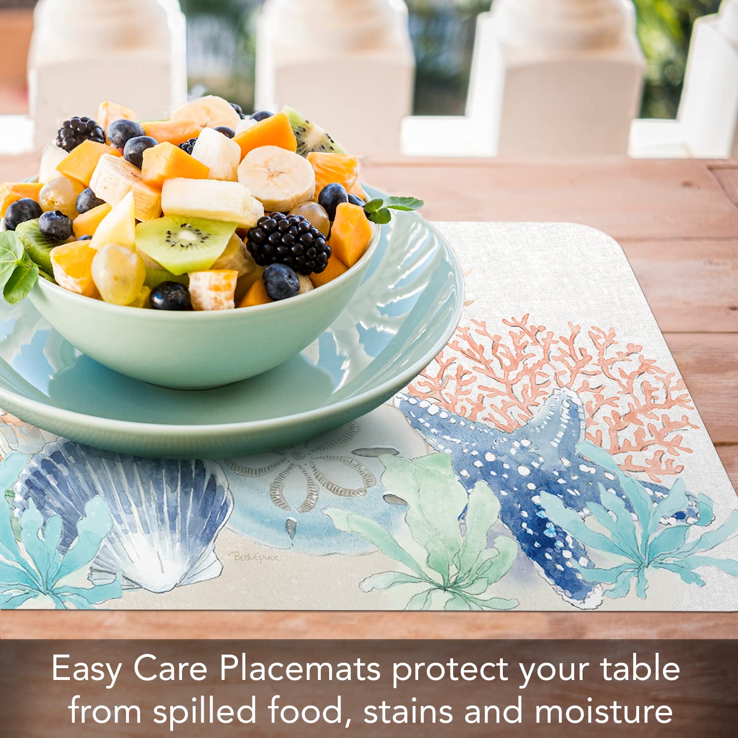 CounterArt Seaside Reversible Easy Care Flexible Plastic Placemat 4 Pack Made in The USA BPA Free Easily Wipes Clean