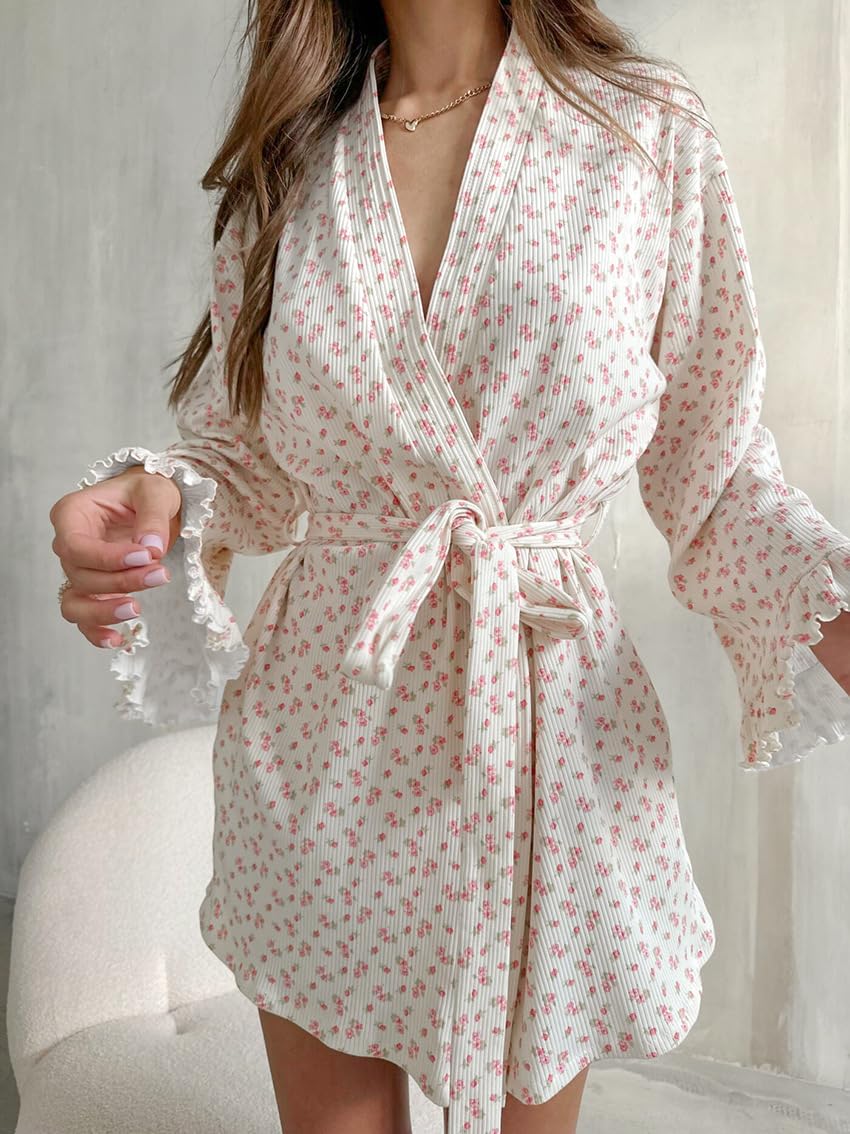 Nuisette Peignoir À Manches Longues pour Femme Imprimé Floral Et Volants en Coton.