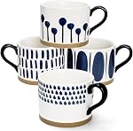 SOUJOY Ensemble de 4 Tasses à café de porcelaine, 15 Tasses à café peintes à la main Oz avec poignées, Grandes tasses en grès émaillées pour thé, Boissons chaudes ou froides, Meilleurs cadeaux pour anniversaire, Mariage