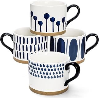 SOUJOY Set of 4 Porcelain Coffee Mugs, 15 Oz Hand Painted Coffee Cups with Handles, Large Glazed Stoneware Mugs for Tea, Hot or Cold Drinks, Best Gifts for Birthday, Thanksgiving, Christmas