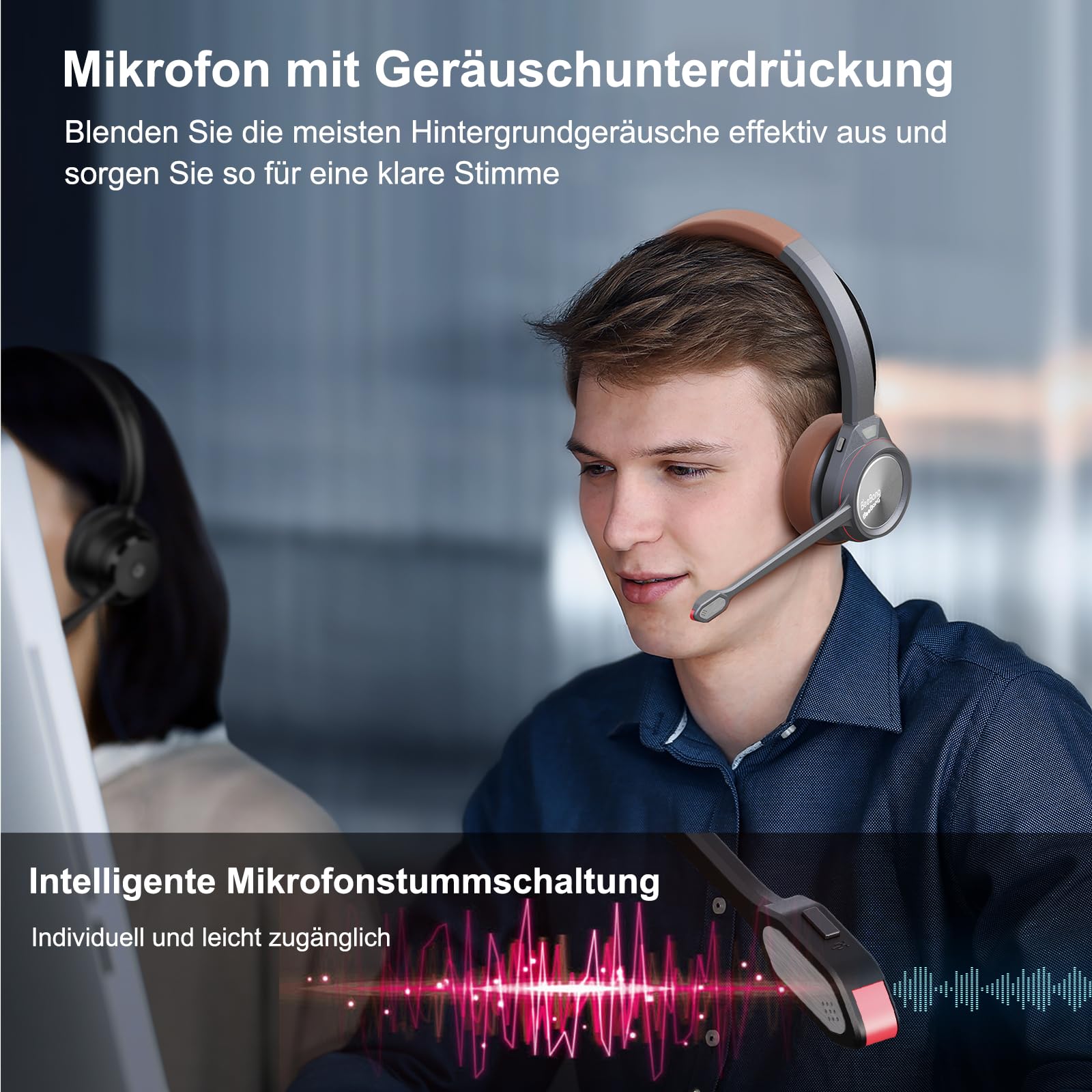 Bluetooth Headset mit Mikrofon, Wireless Headset mit Ladestation & USB Dongle für PC, 40 Stunden Sprechzeit Kabellos für Mac Computer Teams Zoom Laptop Büro Callcenter