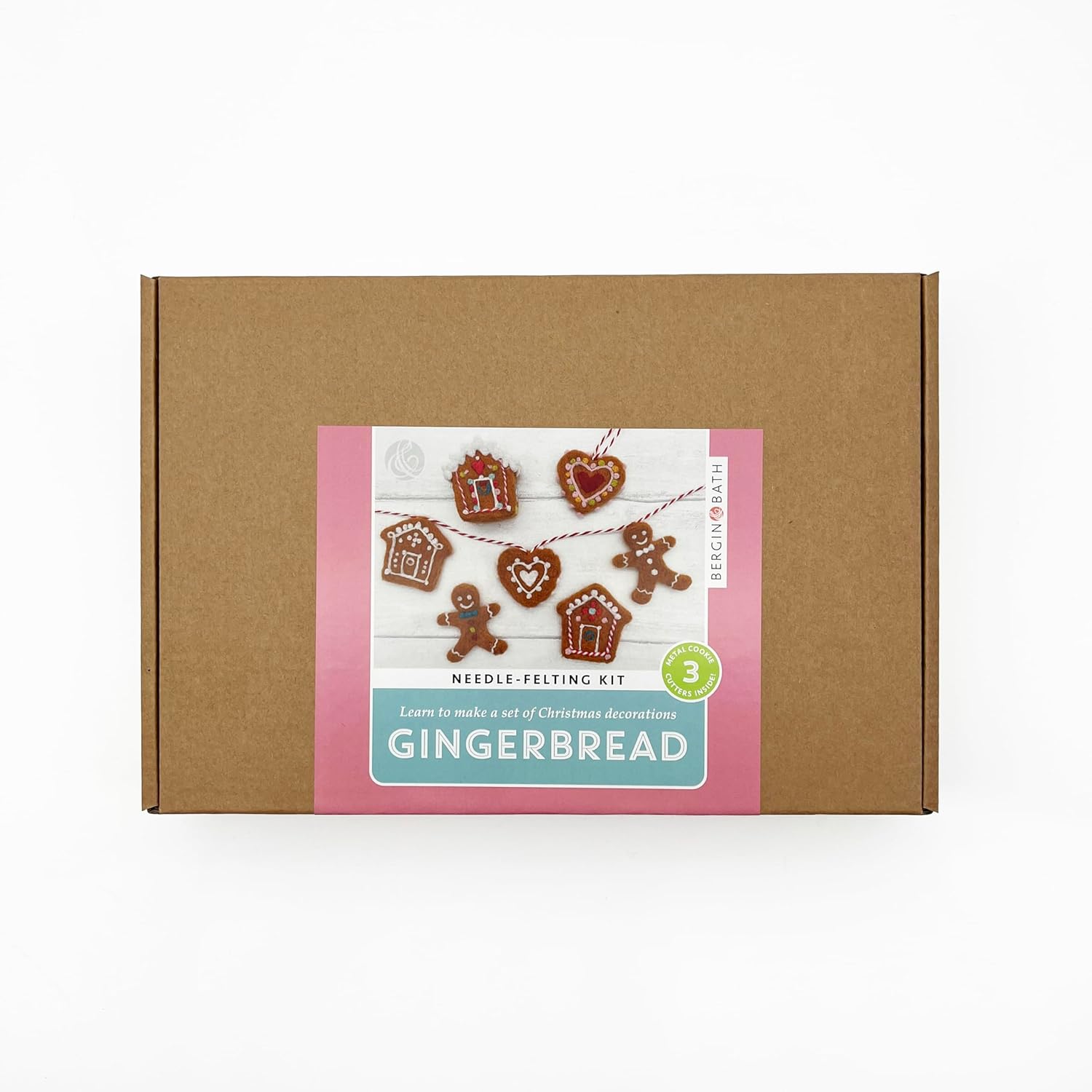 Bergin & Bath Needle Felting kit, Gingerbread. with Three Cookie Cutters (for Shaping) Inside! Make Sweet Christmas Decorations from Wool. Adult and Teens Festive Craft kit