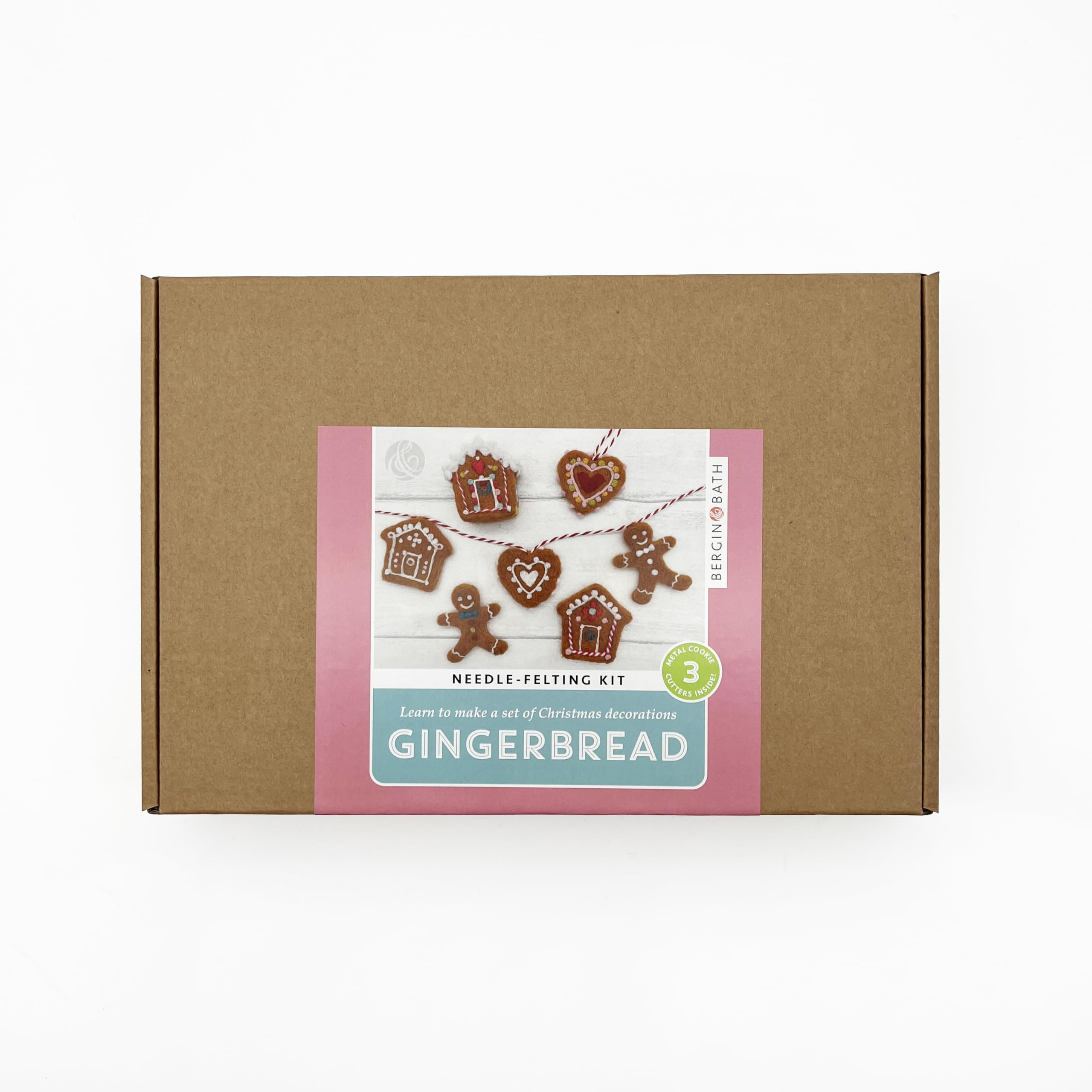Bergin & Bath Needle Felting kit, Gingerbread. with Three Cookie Cutters (for Shaping) Inside! Make Sweet Christmas Decorations from Wool. Adult and Teens Festive Craft kit (No Felting Mat)