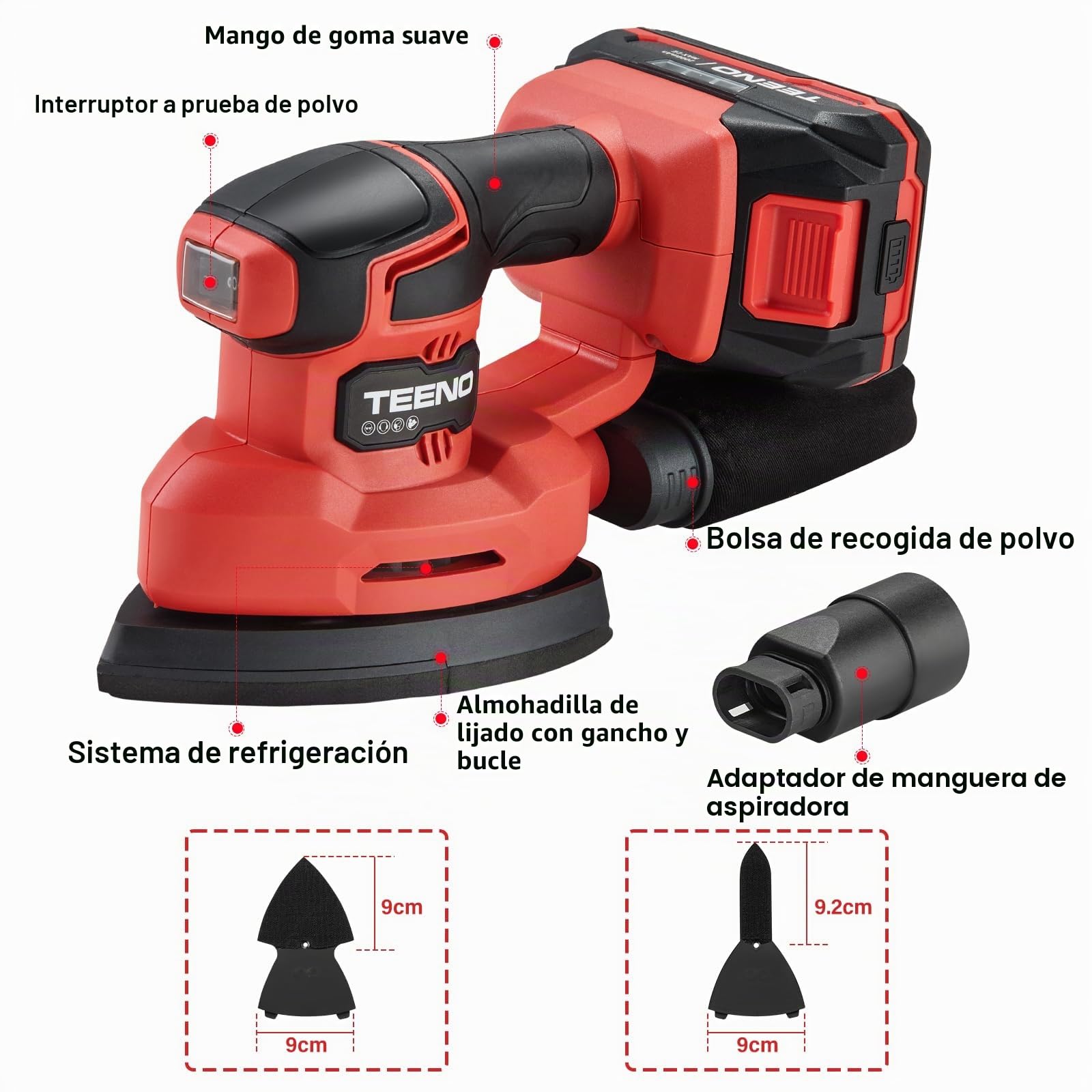 TEENO Lijadora inalámbrica con batería 3 en 1, lijadora Delta de 20 V con batería de 2 A, lijadora de detalles de 13000 rpm con bolsa de recogida de polvo, 15 hojas de papel abrasivo, 140 x 96,6 mm