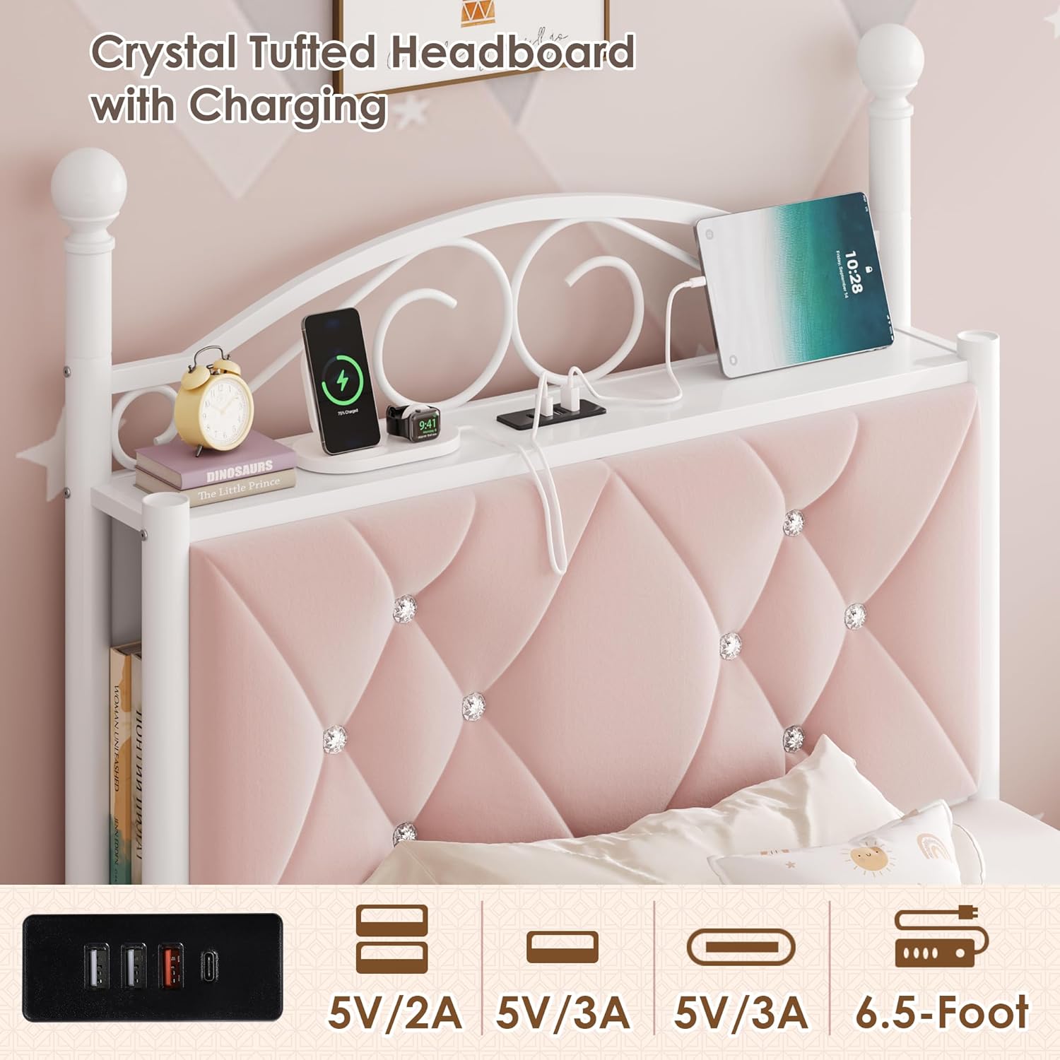 Close-up of the bed's headboard with charging station, showing USB and Type-C ports