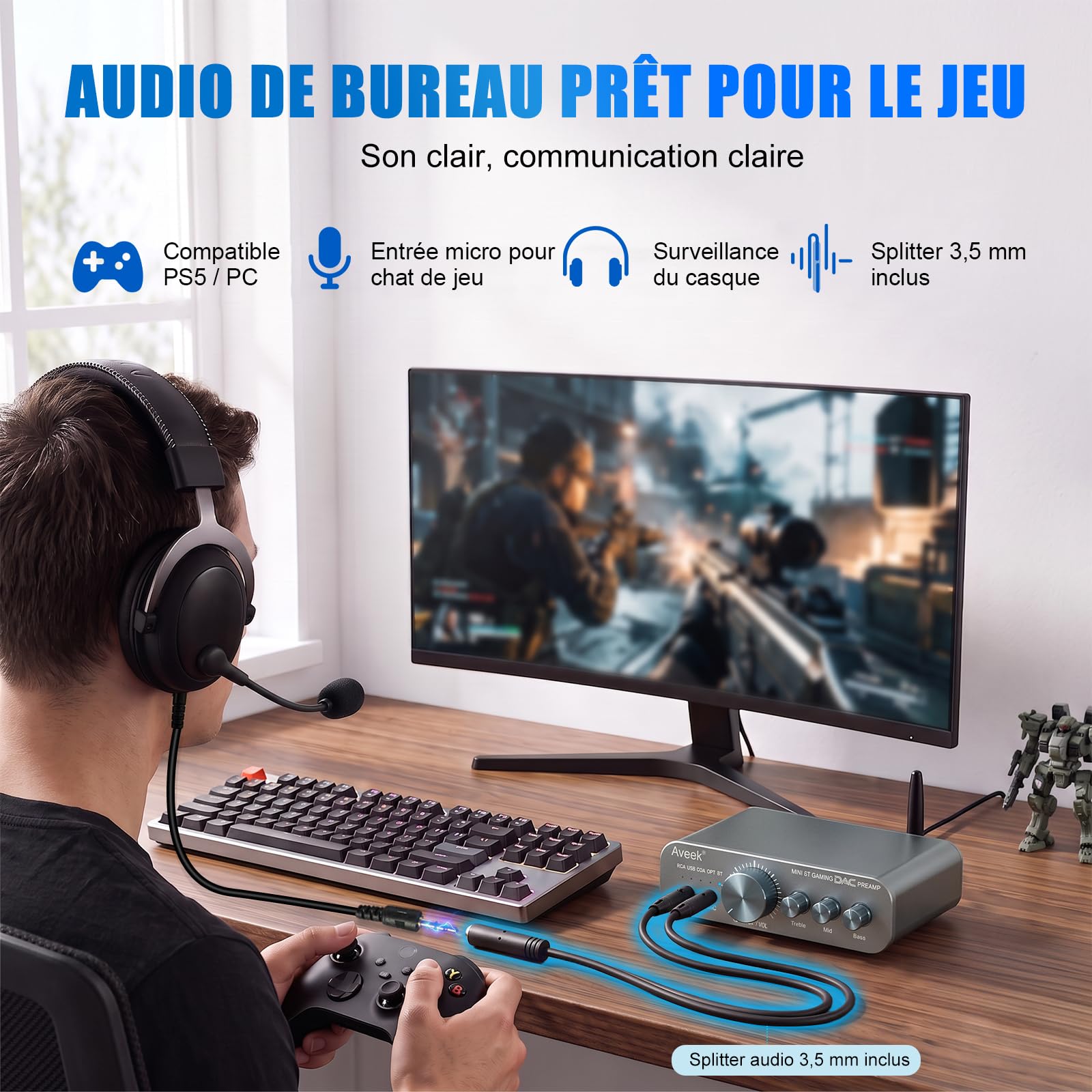 Aveek DAC Amplificateur Casque Bluetooth 6.0 24bit/96kHz pour PS5 PC TV