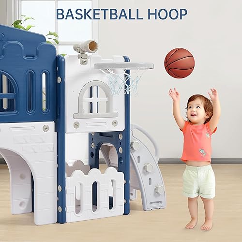 Miniatura 7 de GarveeHome Tobogán 8 en 1 para niños pequeños, juego al aire libre con tobogán, escalador, túnel, aro de baloncesto, almacenamiento de juguetes y
