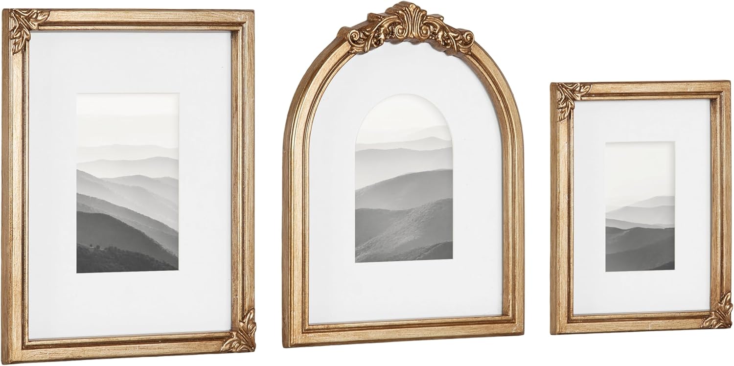 Kate and Laurel Arendahl Three-Piece Picture Frame Set, Antique Gold, Set of 3, Varying Sizes, Vintage Rectangle and Arched Photo Frame Set for Use as Gallery Wall Frames