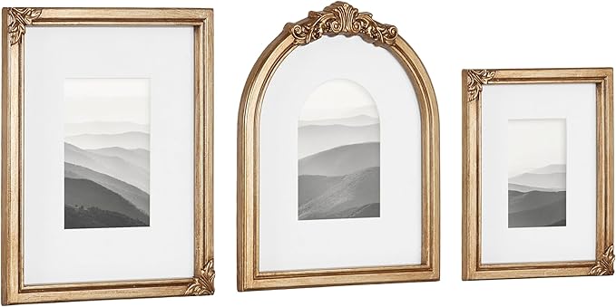 Kate and Laurel Arendahl Three-Piece Picture Frame Set, Antique Gold, Set of 3, Varying Sizes, Vintage Rectangle and Arched Photo Frame Set for Use as Gallery Wall Frames