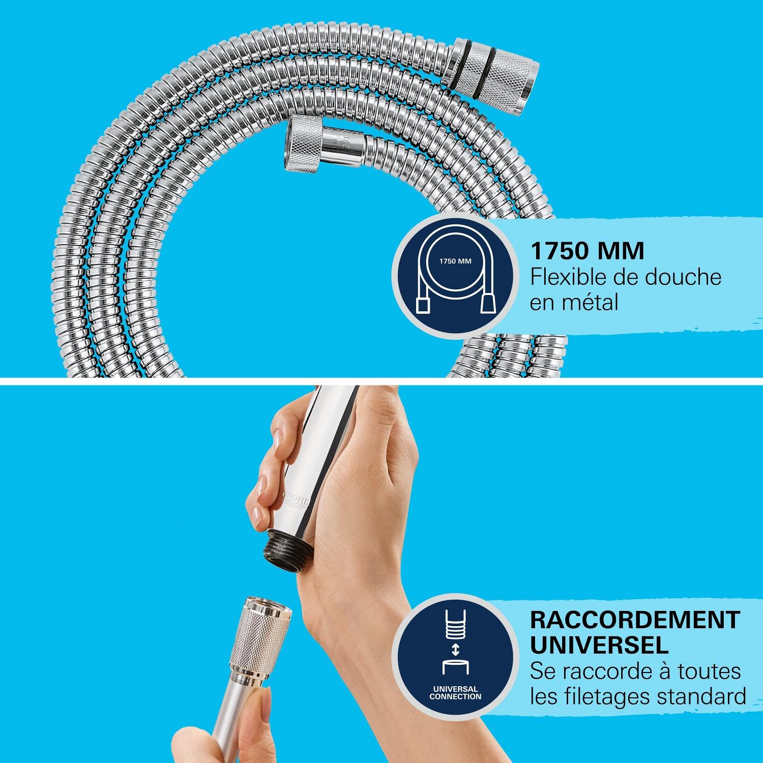 GROHE Flexible tuyau de douche salle de bains VitalioFlex métallique TwistStop 1750mm, anti-pliures, finition brillante, raccord fileté universel 1/2", chromé, 22100000 (Import Allemagne)